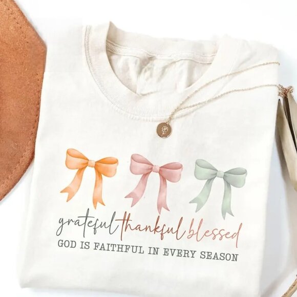 Tops - Grateful Thankful Blessed Graphic Bow Shirt, Thanksgiving Shirt